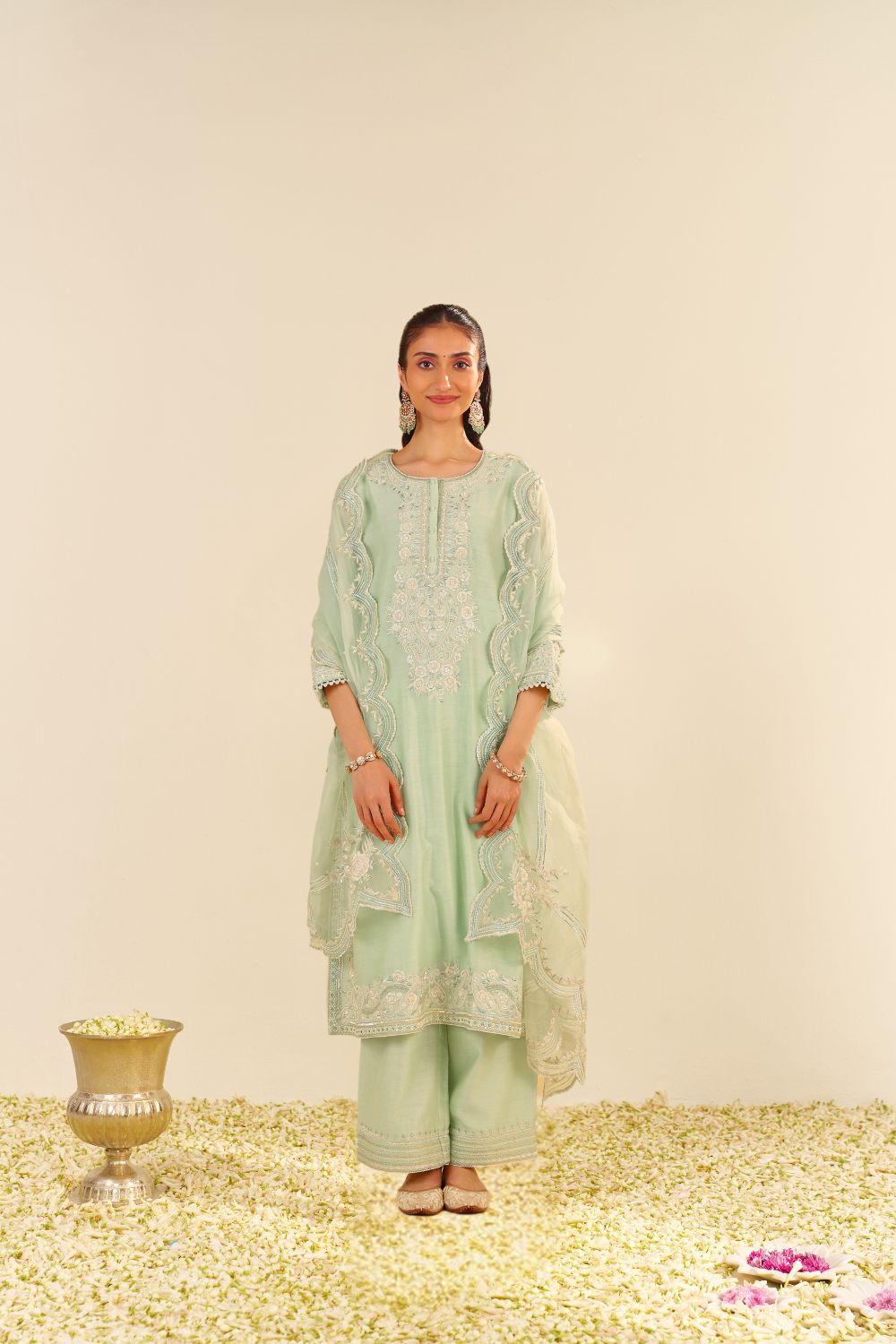 Sereen - A-Line Kurta With Palazzo And Dupatta-Mint Green