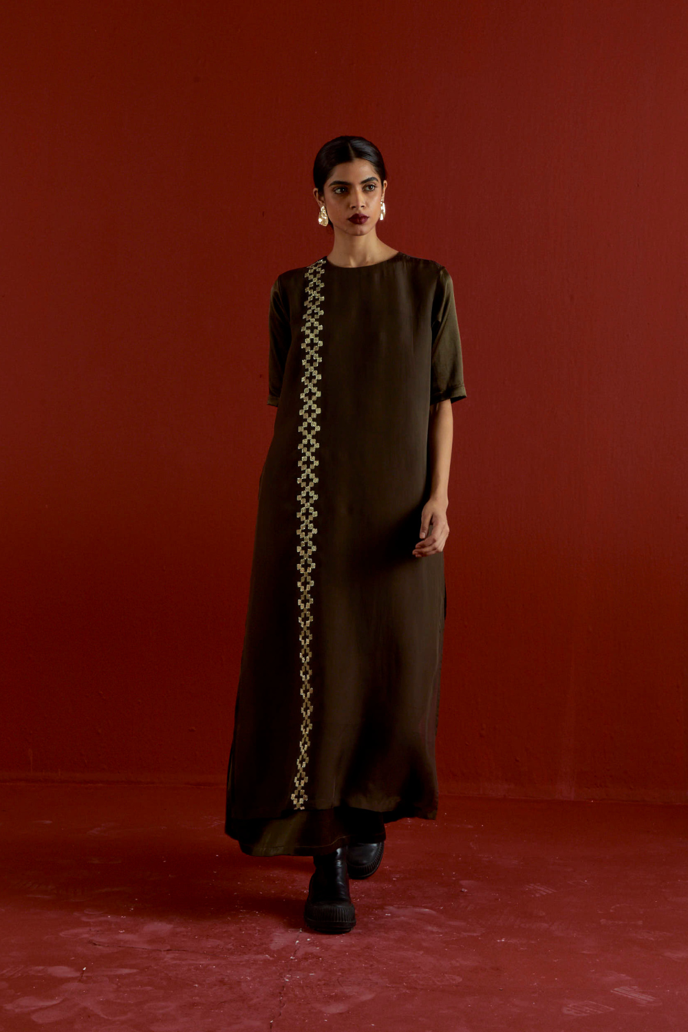 GOTA PATTI DETAIL DOUBLE LAYER DRESS-DARK OLIVE