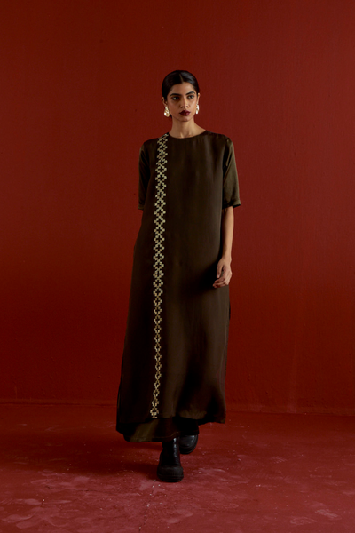 GOTA PATTI DETAIL DOUBLE LAYER DRESS-DARK OLIVE