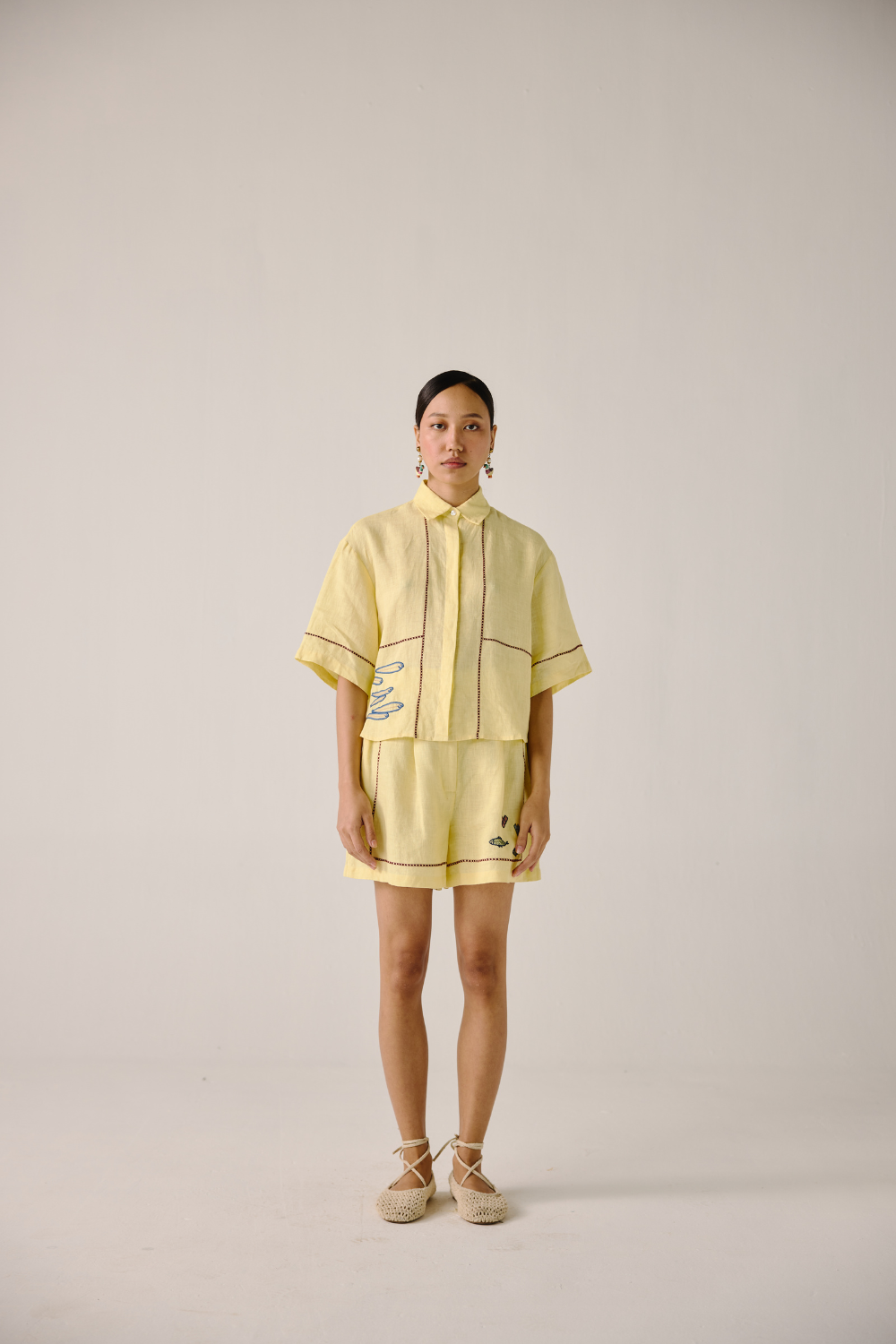 Leo Set - Butter Yellow Fish Embroidery