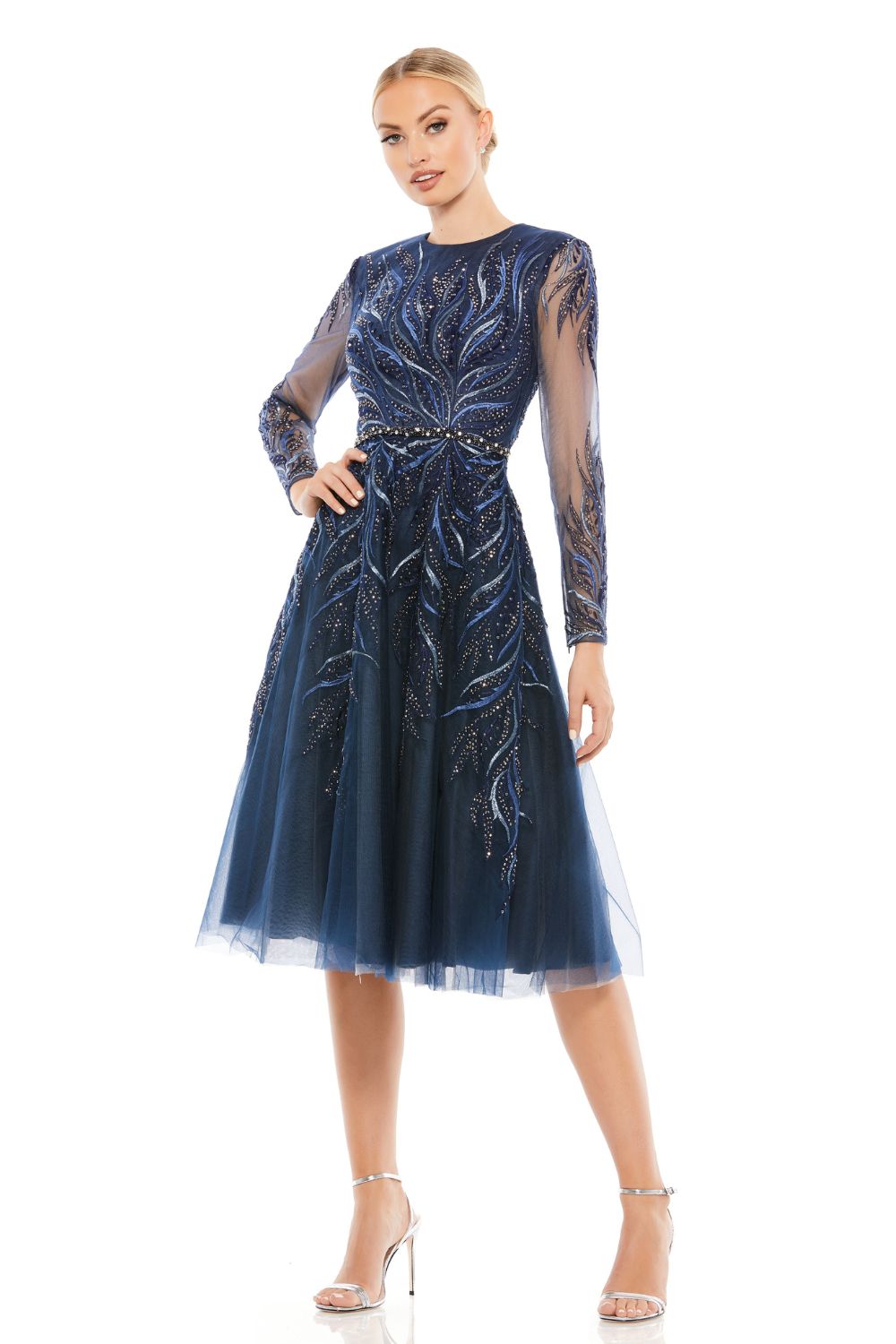 A11136-SEQUINED LONG SLEEVE HIGH NECK TRUMPET DRESS (TWILIGHT)