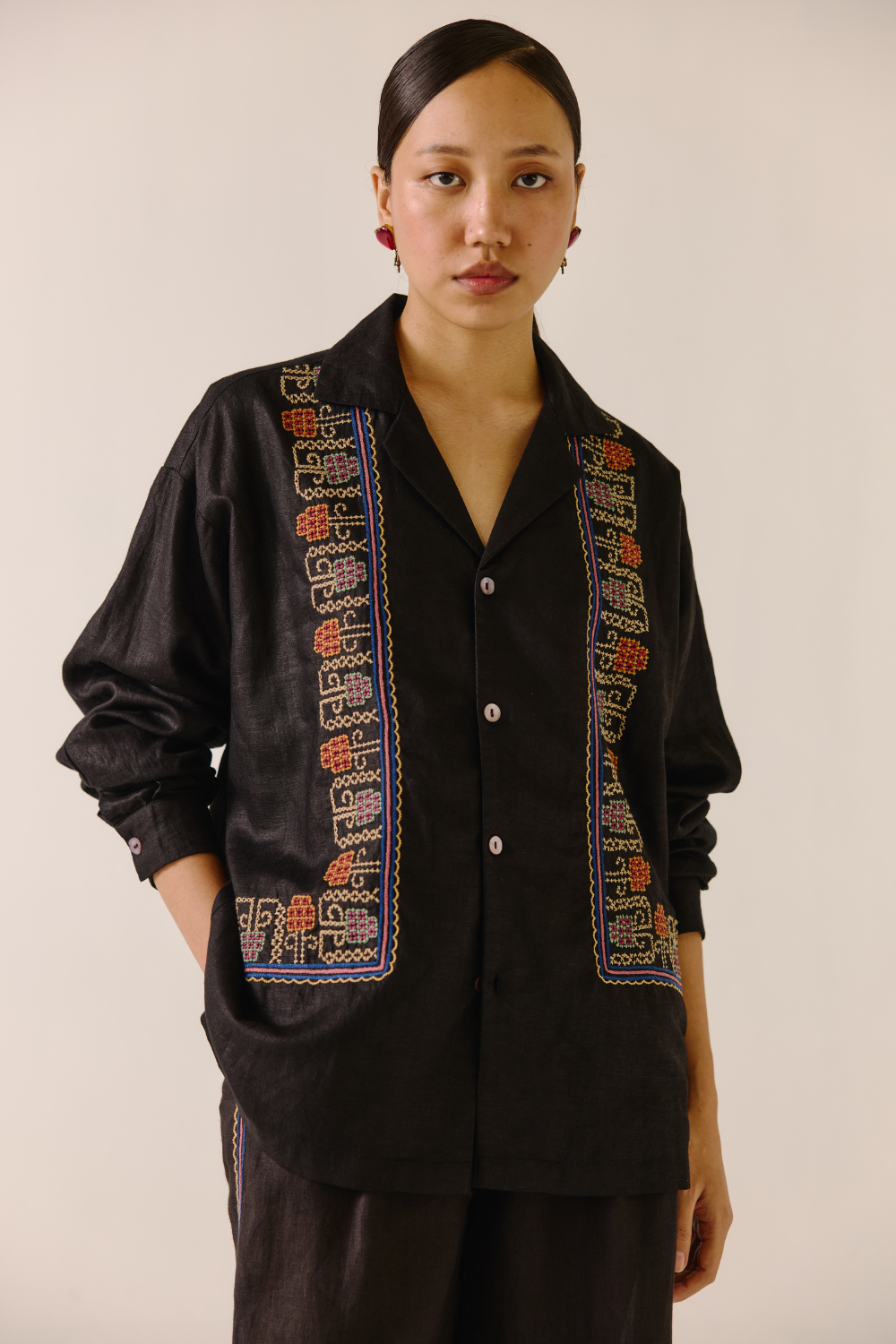 Unisex Shirt (full sleeve) - Black (cross-stitched embroidery)