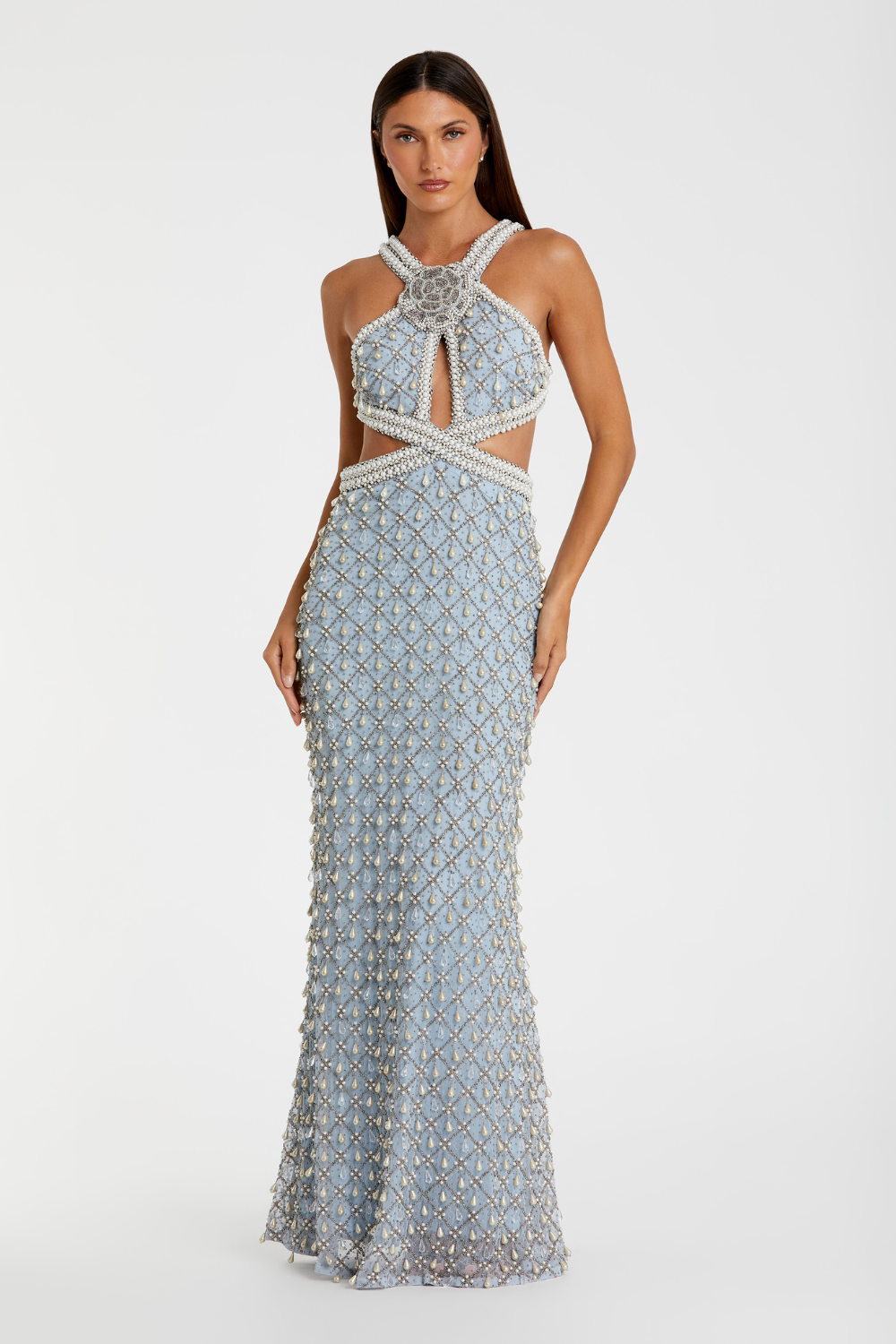 10098-Pearl Embellished Gown-Vintage Blue
