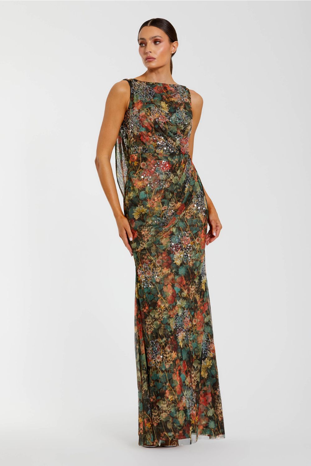 94263-Multicolor Floral Embellished Column Gown