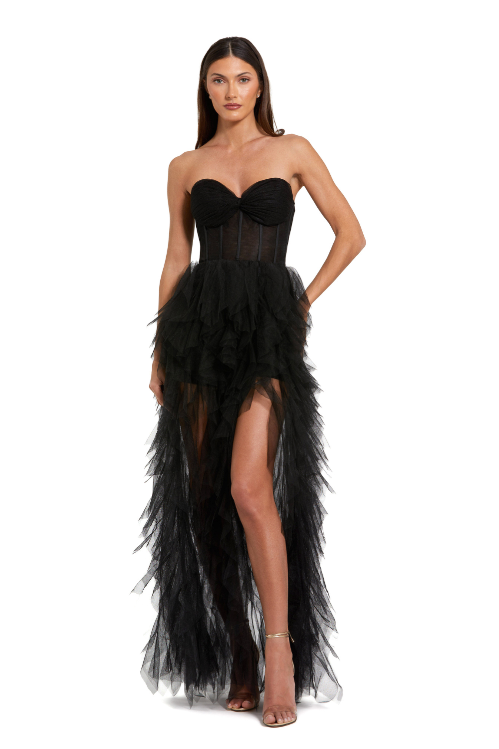 27532-Net Gown with Spiral Ruffles-Black