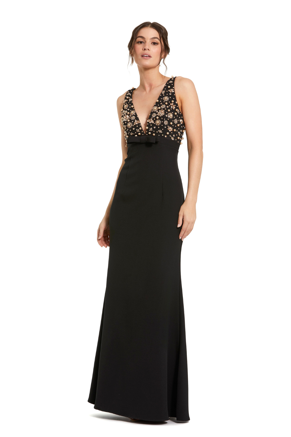 2278-V Neck Gown With Bow-Black