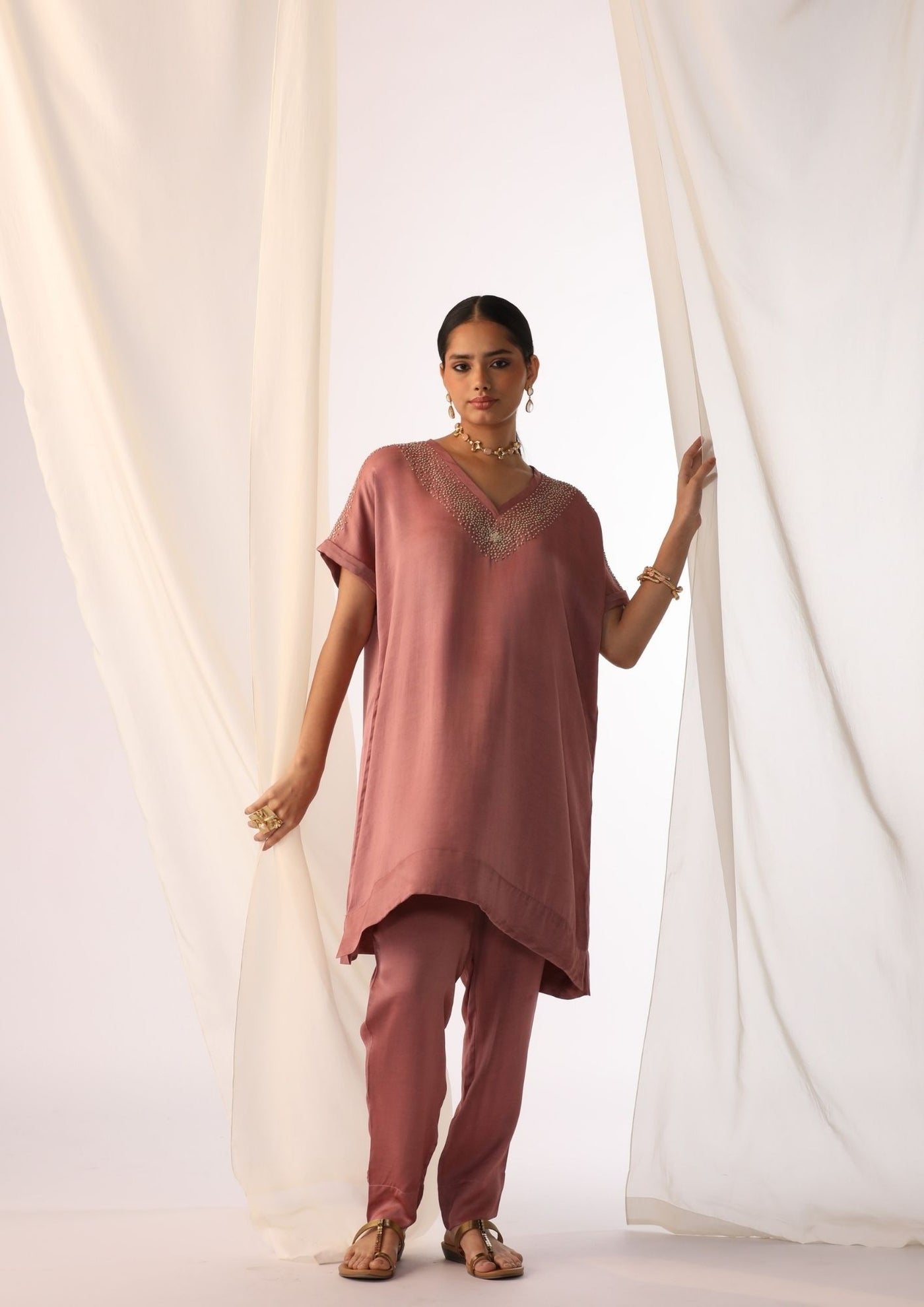Linen satin co-ord set with knot handwork embroidery