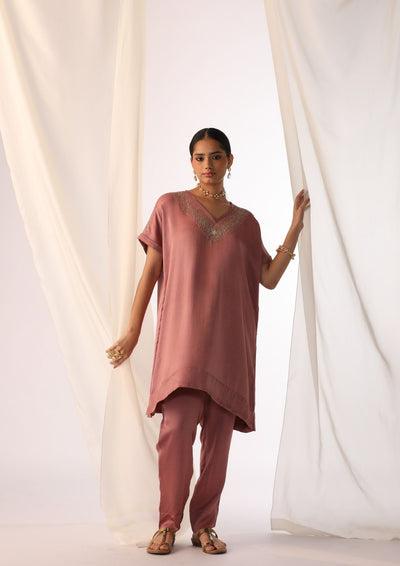 Linen satin co-ord set with knot handwork embroidery