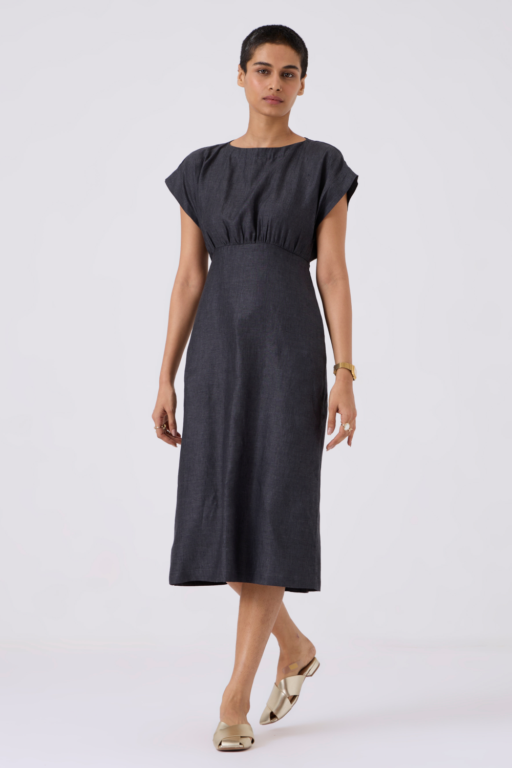 Jo Linen Charcoal Midi Dress