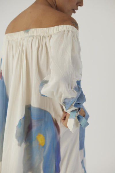 BLUE POPPIES OFF SHOULDER SHORT DRESS