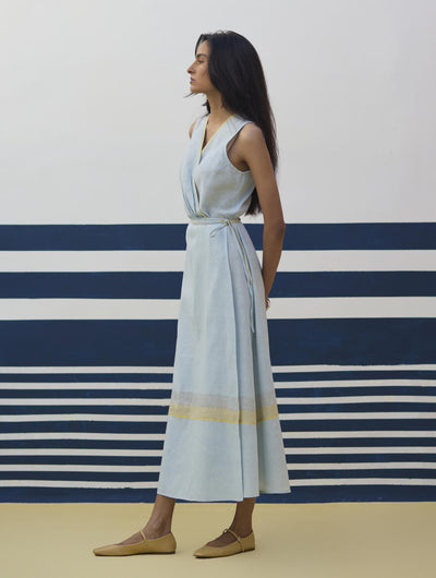 Ava Border Linen Wrap Dress
- Sky