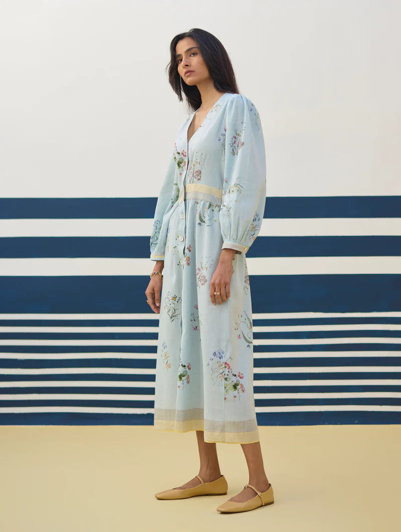 Greta Floral Linen Dress - Sky