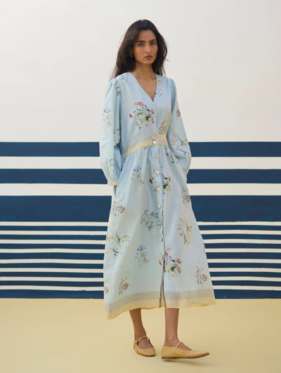 Greta Floral Linen Dress - Sky