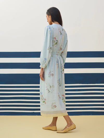 Greta Floral Linen Dress - Sky