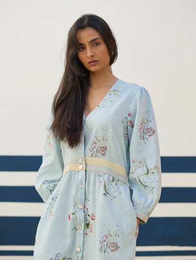 Greta Floral Linen Dress - Sky