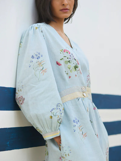 Greta Floral Linen Dress - Sky