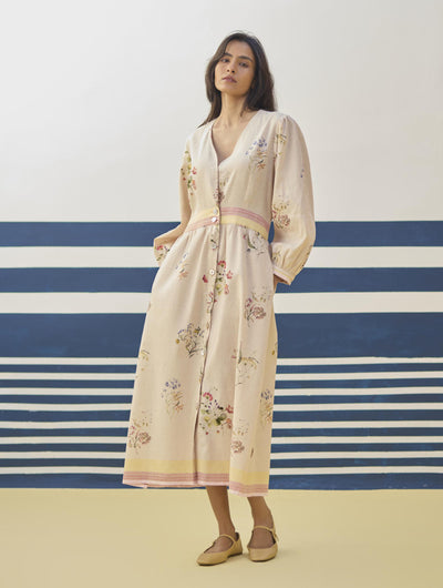 Greta Floral Linen Dress - Sand