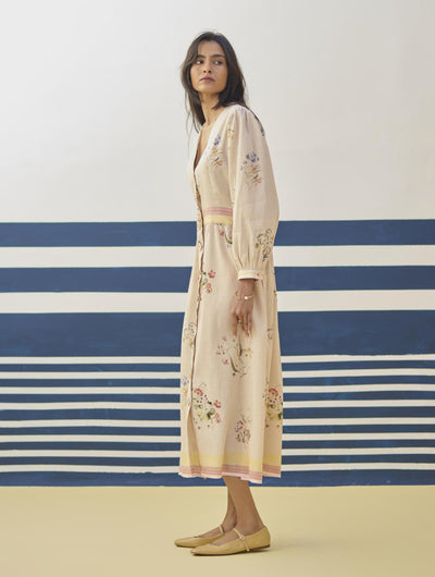 Greta Floral Linen Dress - Sand