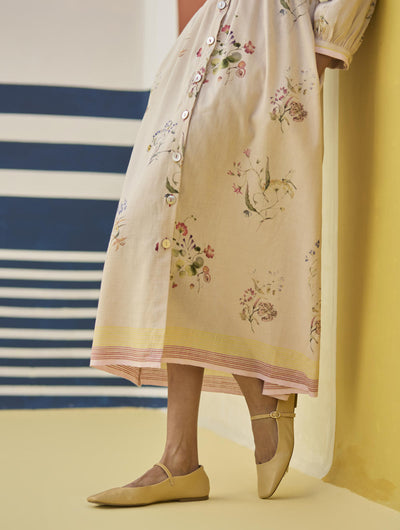 Greta Floral Linen Dress - Sand