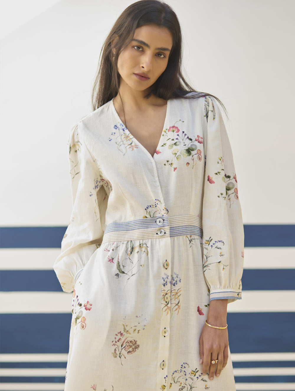 Greta Floral Linen Dress - Ivory