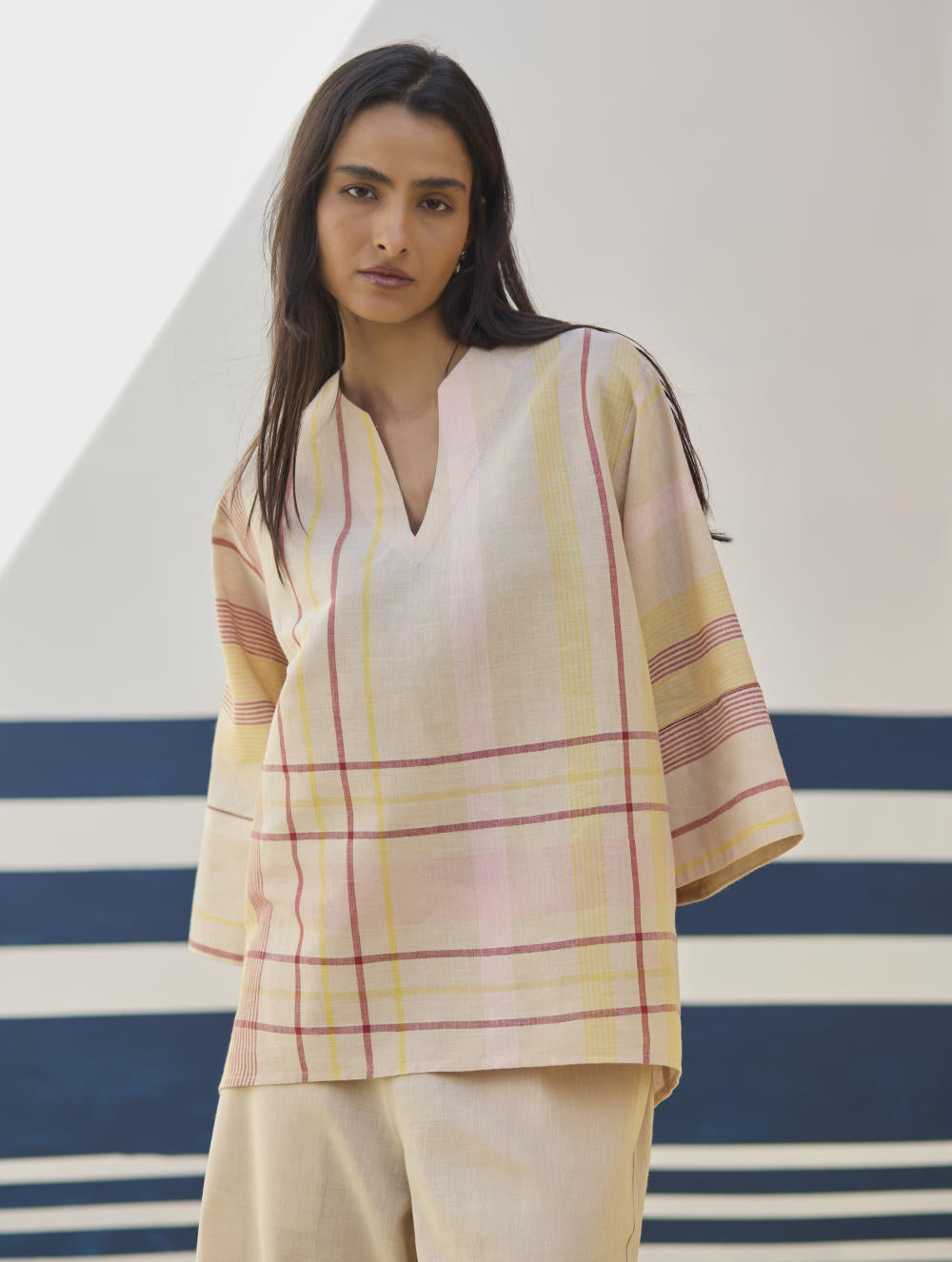 Kira Check Linen Top - Sand