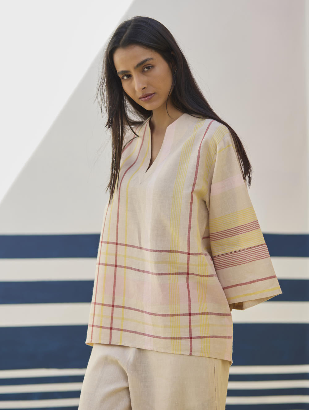 Kira Check Linen Top - Sand