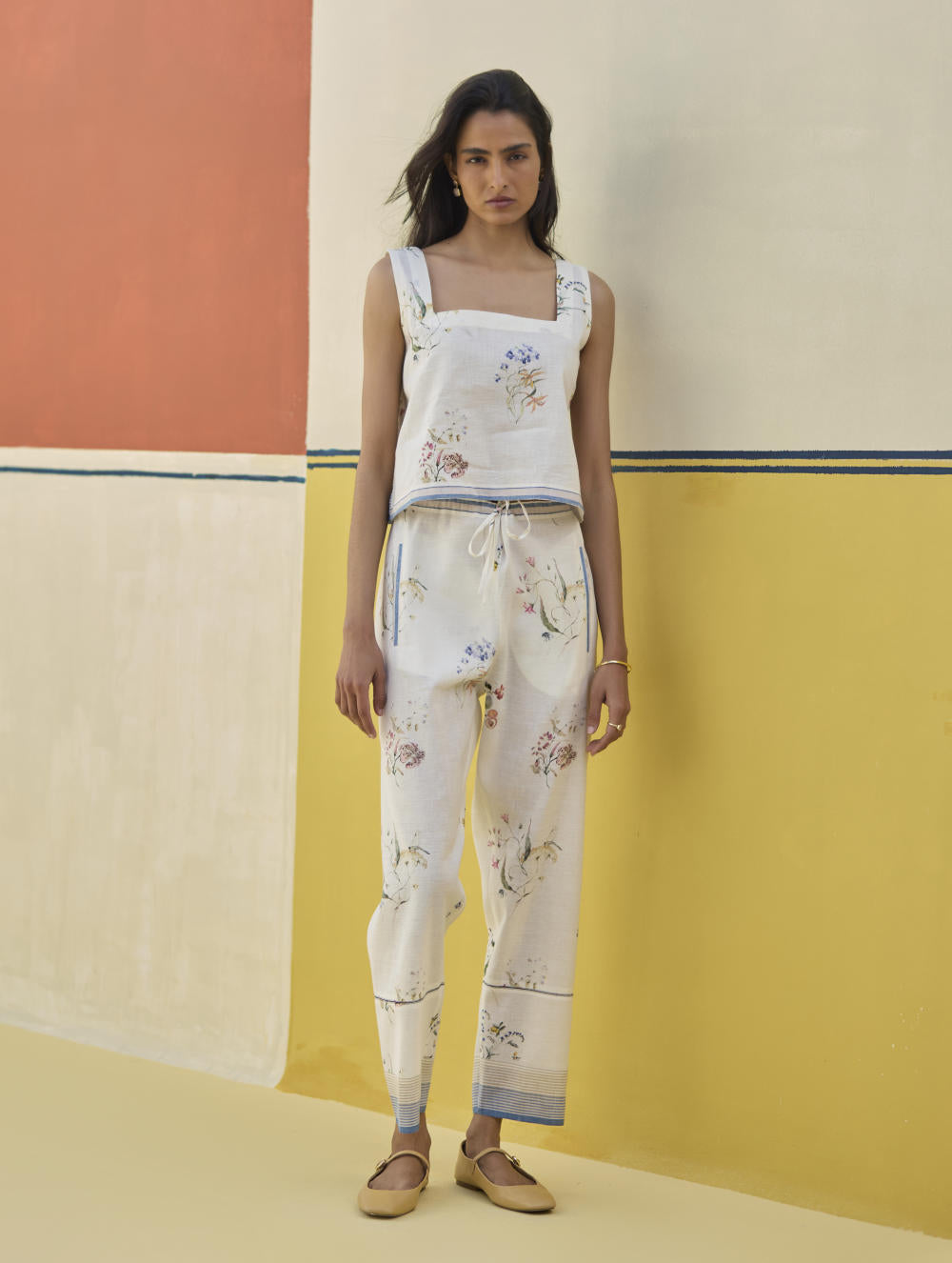 Ema Watercolour Floral Linen Pant - Ivory