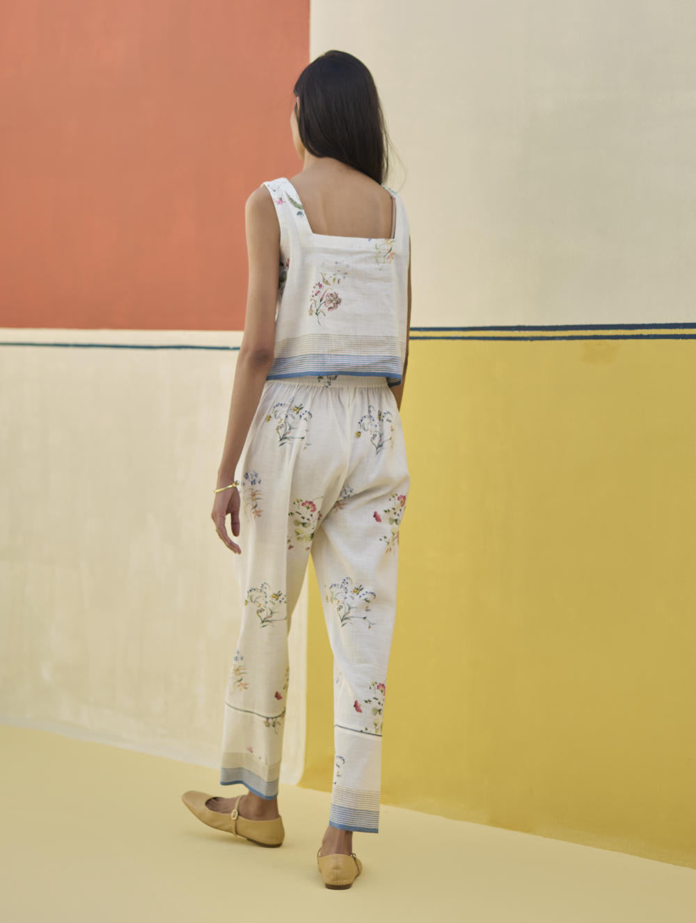 Ema Watercolour Floral Linen Pant - Ivory