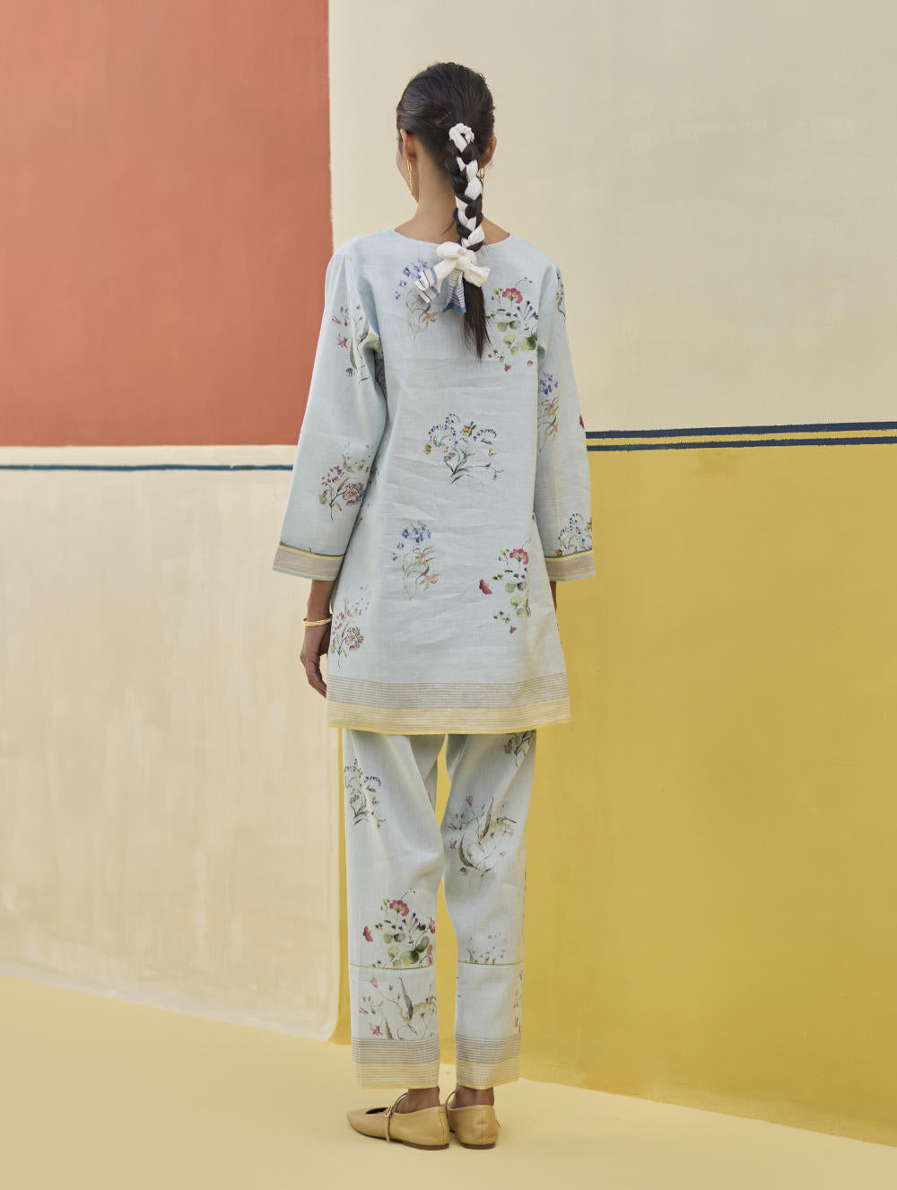 Raha Watercolour Floral Kurta - Sky