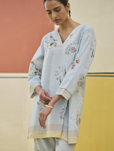 Raha Watercolour Floral Kurta - Sky