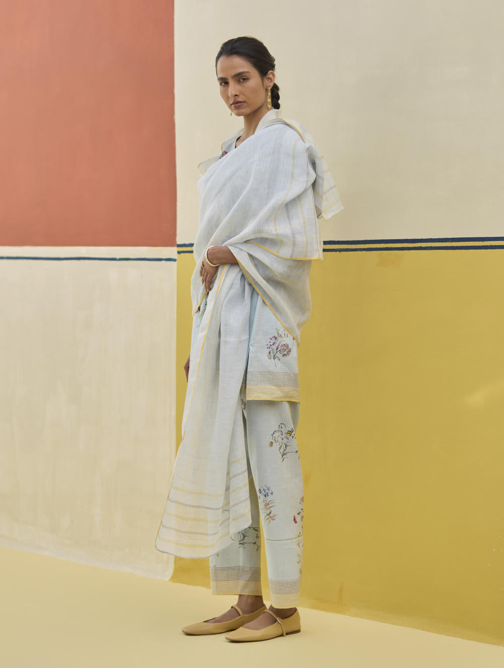 Mana Stripe Handloom Linen Dupatta - Sky