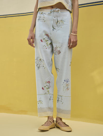 Ema Watercolour Floral Linen Pant - Sky