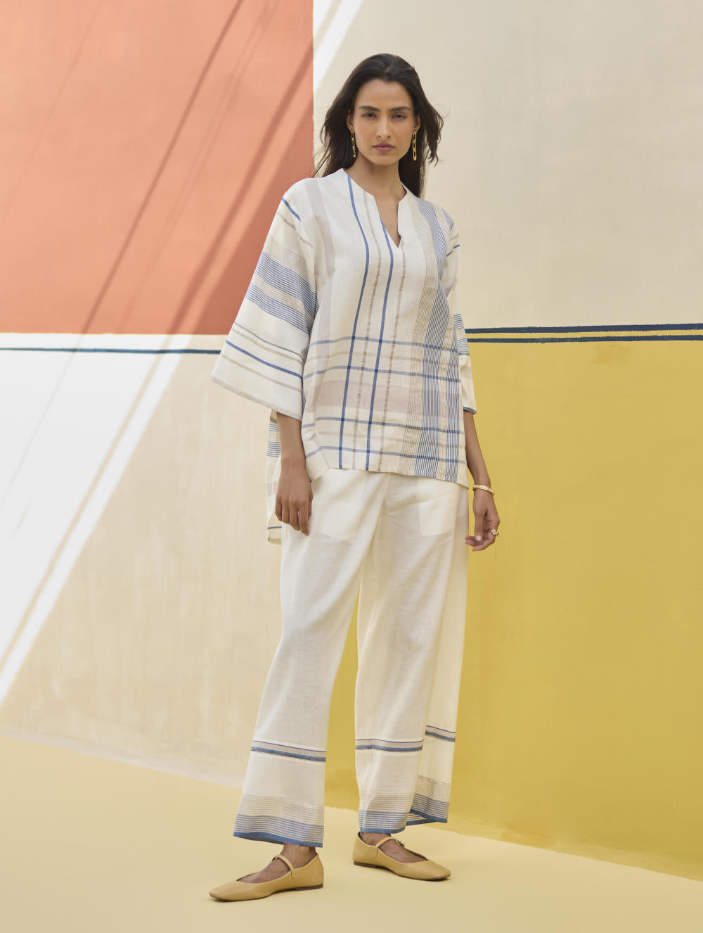 Kira Check Linen Top - Ivory