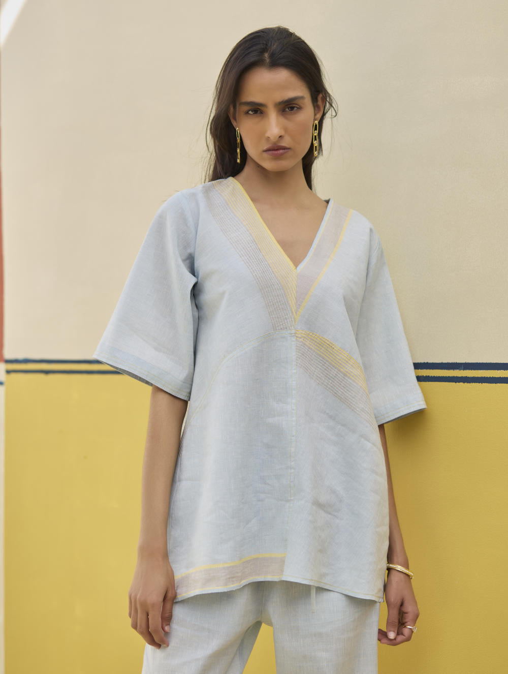 Moriko Border Linen Top - Sky