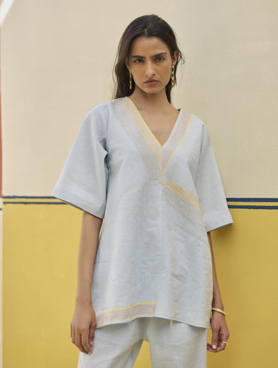 Moriko Border Linen Top - Sky