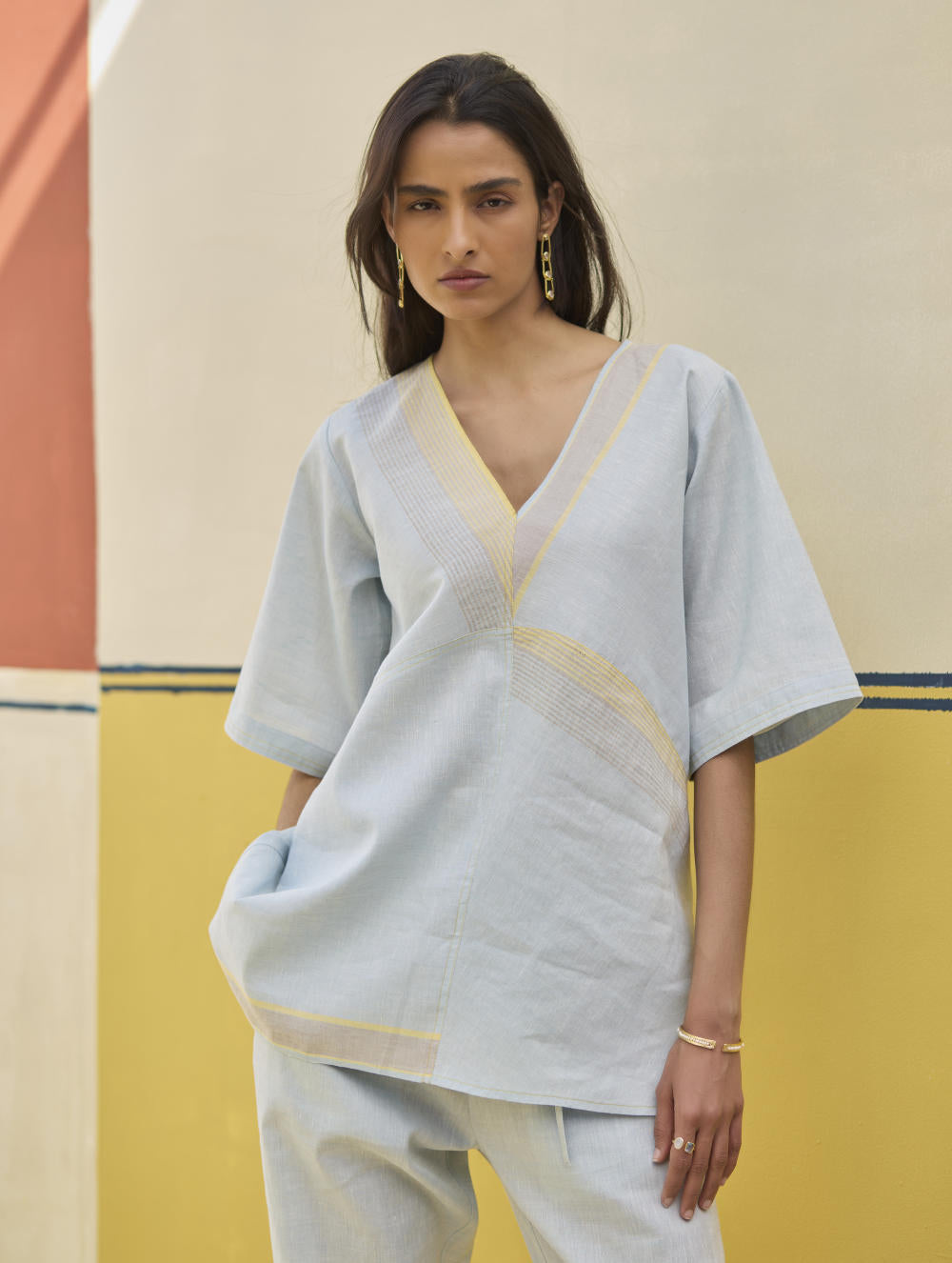 Moriko Border Linen Top - Sky