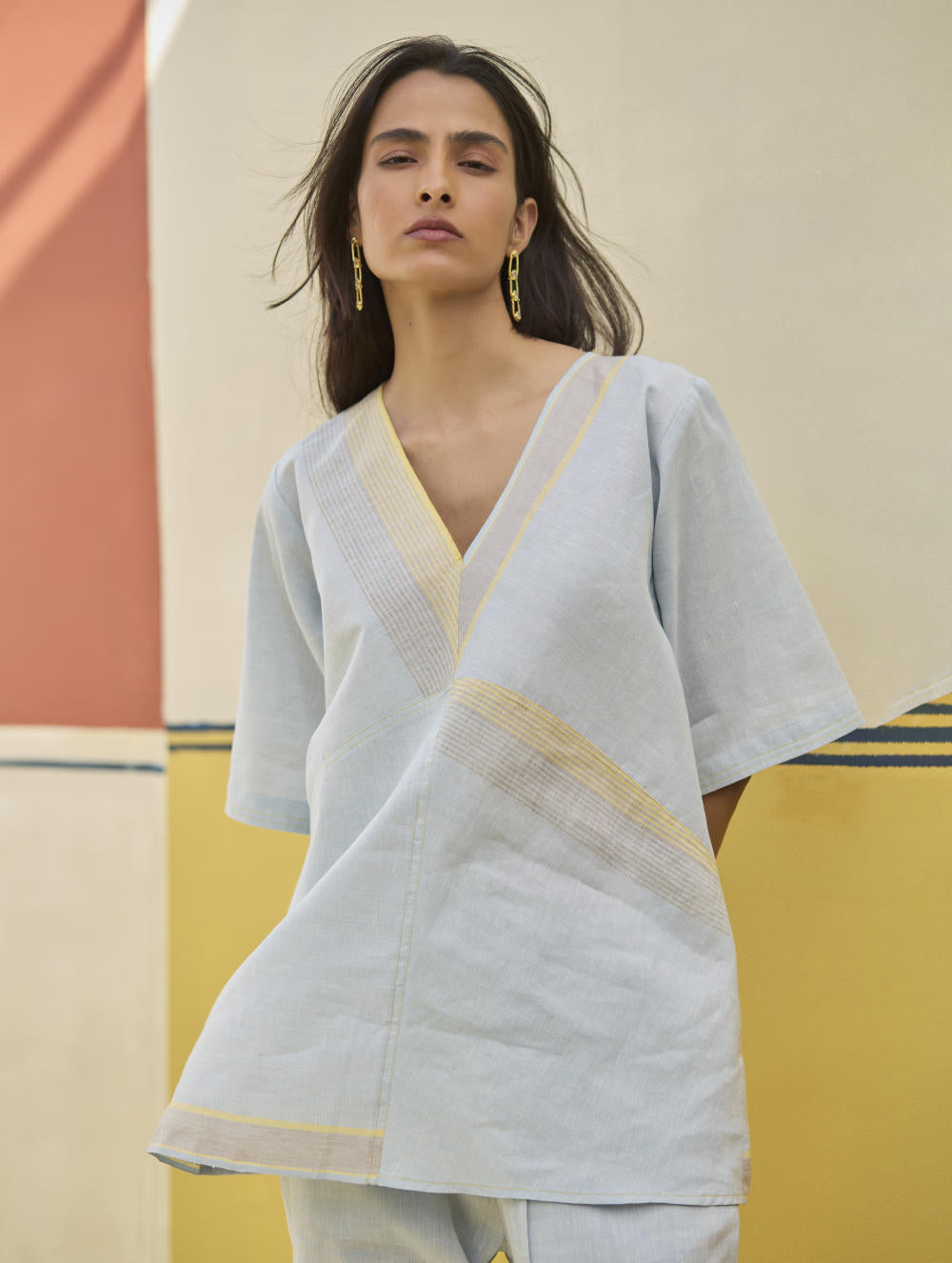 Moriko Border Linen Top - Sky