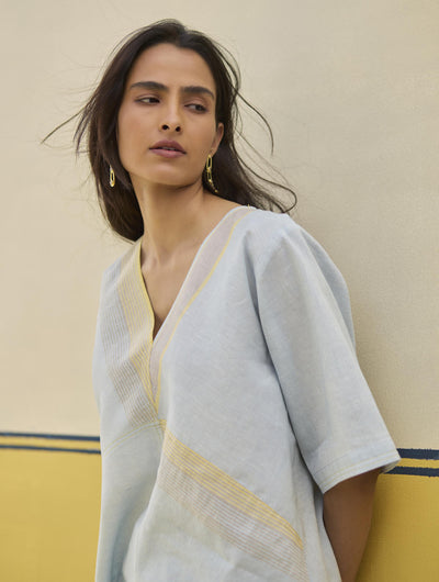 Moriko Border Linen Top - Sky