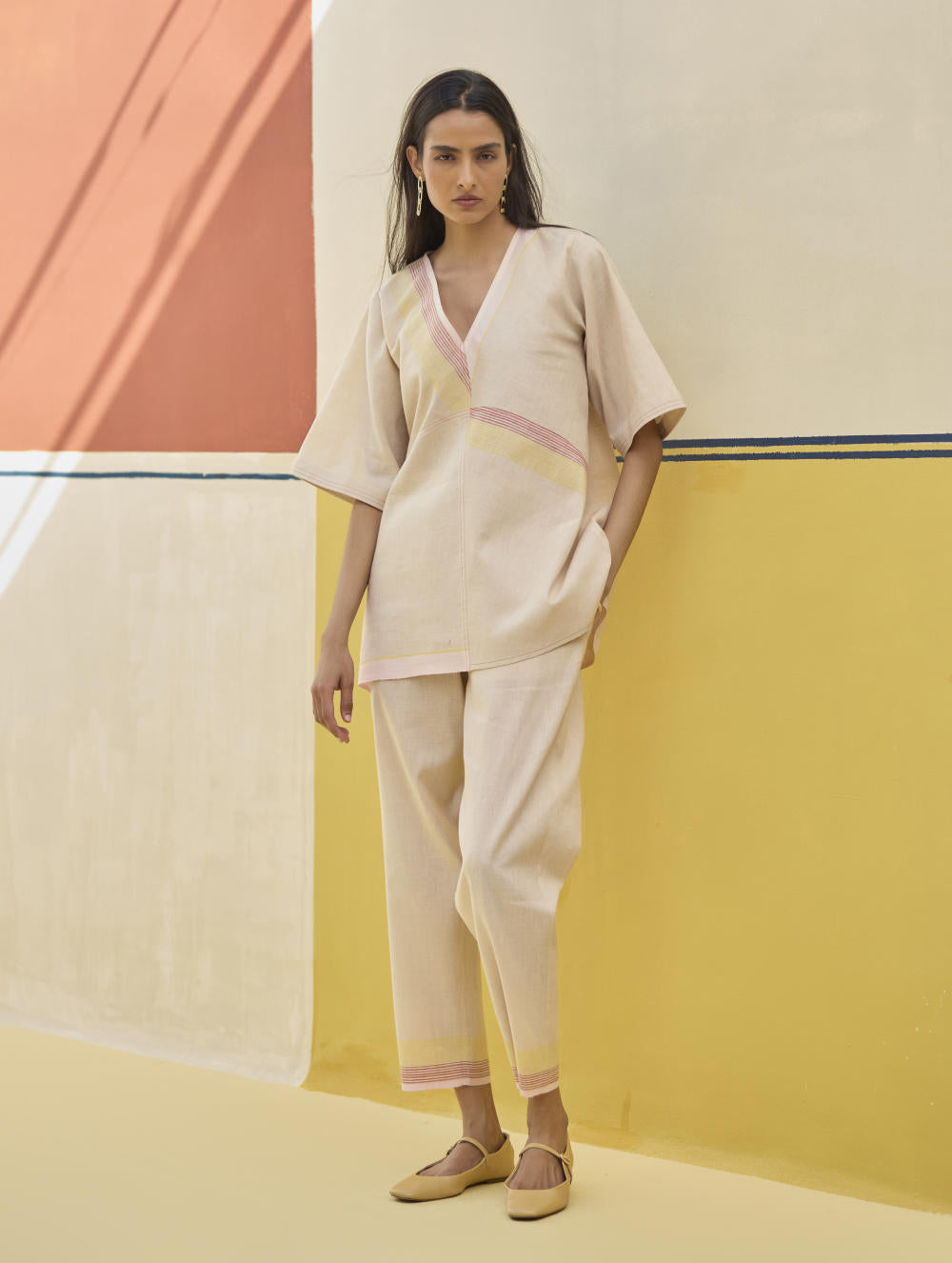 Moriko Border Linen Top - Sand