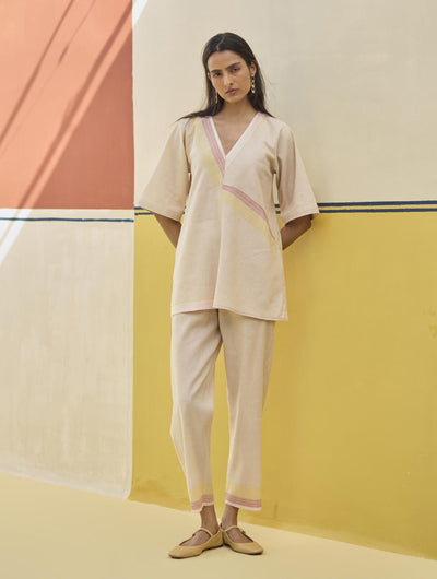 Moriko Border Linen Top - Sand