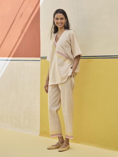 Moriko Border Linen Top - Sand