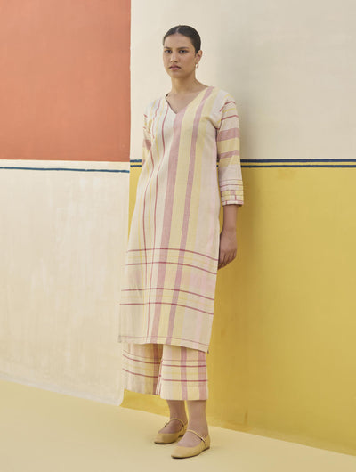 Misa Check Linen Kurta - Sand