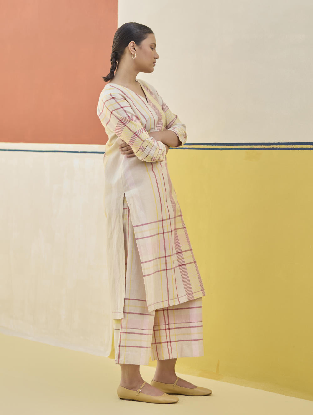 Misa Check Linen Kurta - Sand