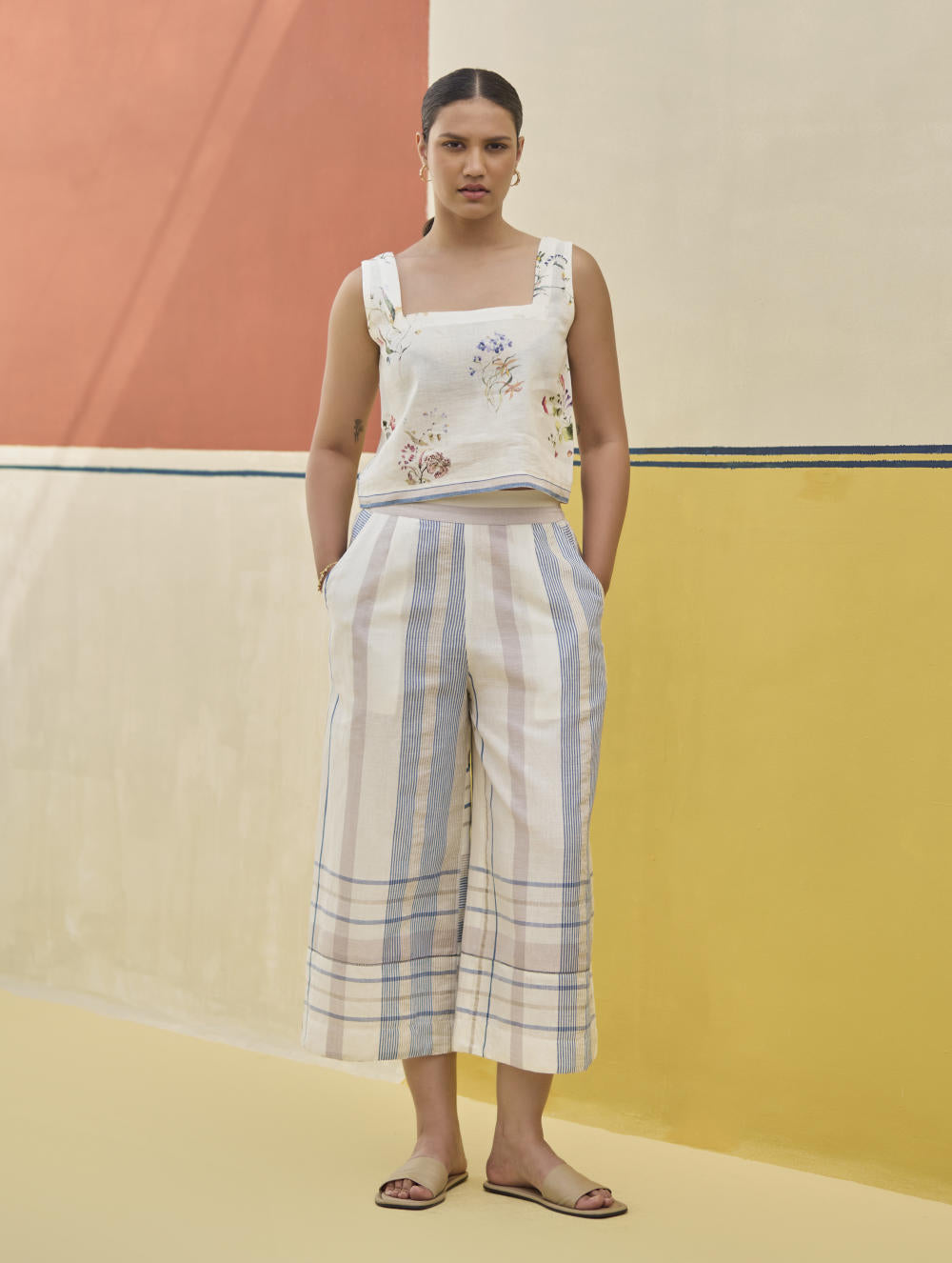 Karuna Check Linen Pant - Ivory