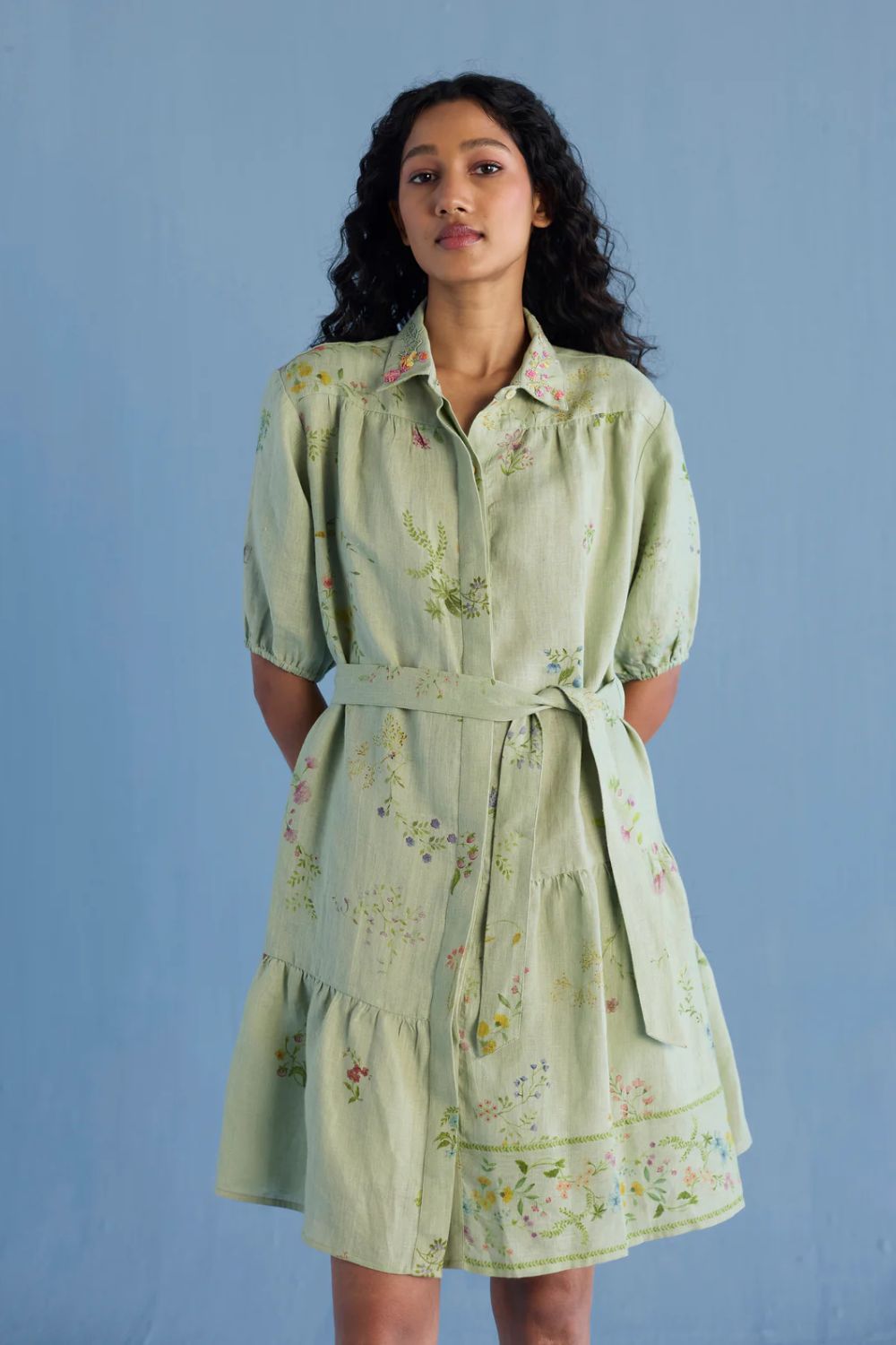 Sia Hand-Embroidered Floral Dress - Mint