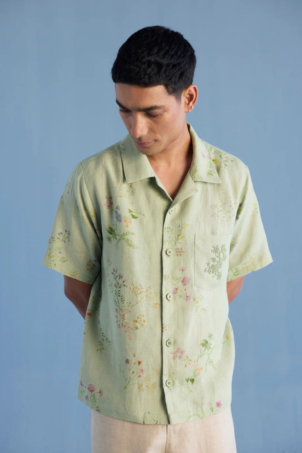 Haru Embroidered Pocket Floral Linen Shirt - Mint