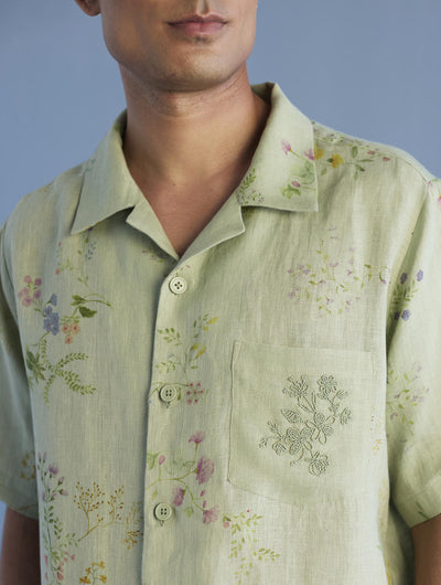 Haru Embroidered Pocket Floral Linen Shirt - Mint