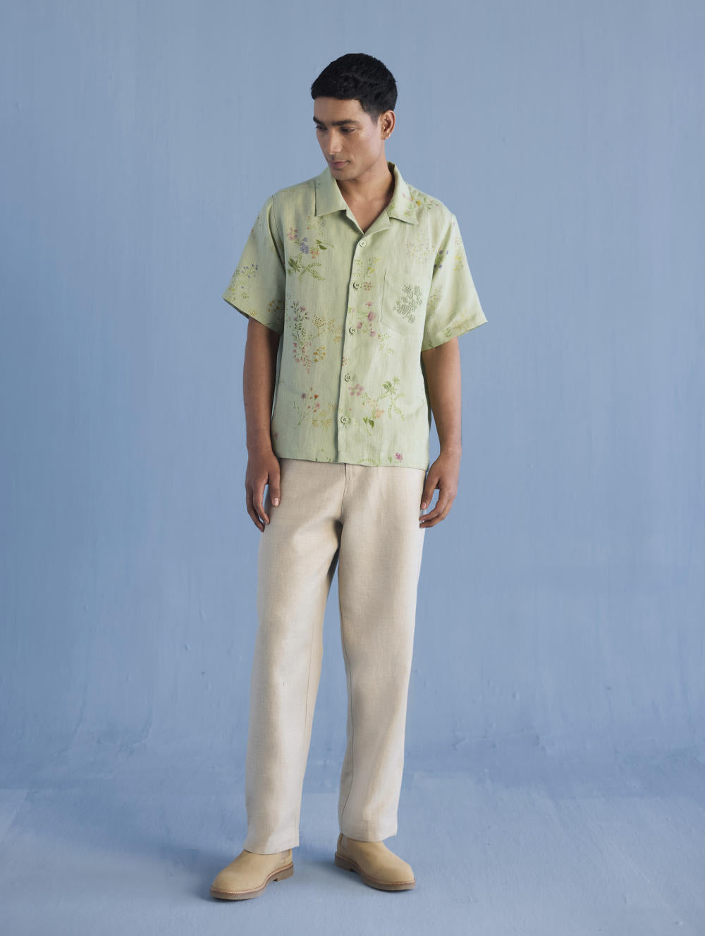 Haru Embroidered Pocket Floral Linen Shirt - Mint