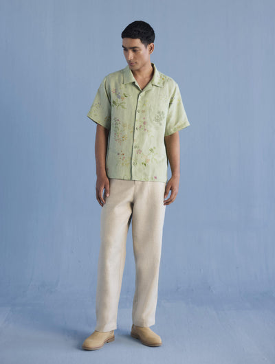 Haru Embroidered Pocket Floral Linen Shirt - Mint