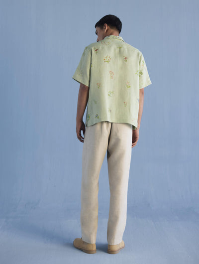 Haru Embroidered Pocket Floral Linen Shirt - Mint